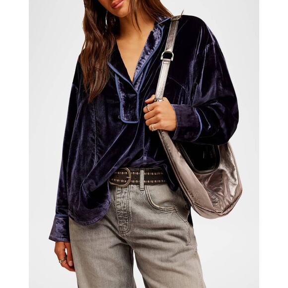 NWT Free People We The Free Luxy Solid Velvet Shirt Night Sky Blue Sz Large - Picture 1 of 8